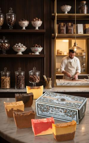 Six thick, textured slices of artisanal fudge in various flavors—including dark chocolate, peanut butter swirl, and strawberry—are arranged on a white marble countertop. Behind the fudge sits a light blue and black vintage-style gift box labeled "Illegally Good Hand Crafted Fudge." The background features a high-end chocolate shop with dark wood shelving, glass jars filled with sweets, and a chocolatier in an apron working in a brightly lit kitchen area in the distance.