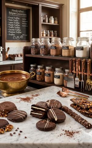A variety of chocolate treats, including dark chocolate-dipped sandwich cookies with white chocolate drizzles, a chocolate-covered pretzel rod, and pieces of nut-topped chocolate bark, are arranged on a white marble counter. In the background, a professional chocolatier’s kitchen is visible, featuring a large brass bowl filled with melted chocolate, shelves of glass jars containing cocoa beans and pralines, and a chalkboard menu listing "Handcrafted Belgian Couverture" truffles. Copper tools and dusting of cocoa powder add to the authentic, artisanal atmosphere.