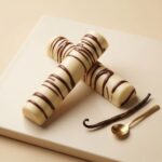 A 300x300 square professional food photograph featuring two cylindrical gourmet "Mocha Madness" truffle bars. The bars have a unique, matte "frosted" dark cocoa finish accented by thin, artistic dark chocolate drizzles. They are arranged in an "X" shape on a neutral, heavily textured cream plaster surface. The scene is elegantly styled with whole roasted coffee beans, three whole star anise pods, and delicate flakes of edible gold leaf scattered around the bars. The text "MOCHA MADNESS" is centered at the bottom in a bold, dark brown serif font. The lighting is soft and natural, creating a sophisticated and high-end artisanal aesthetic.