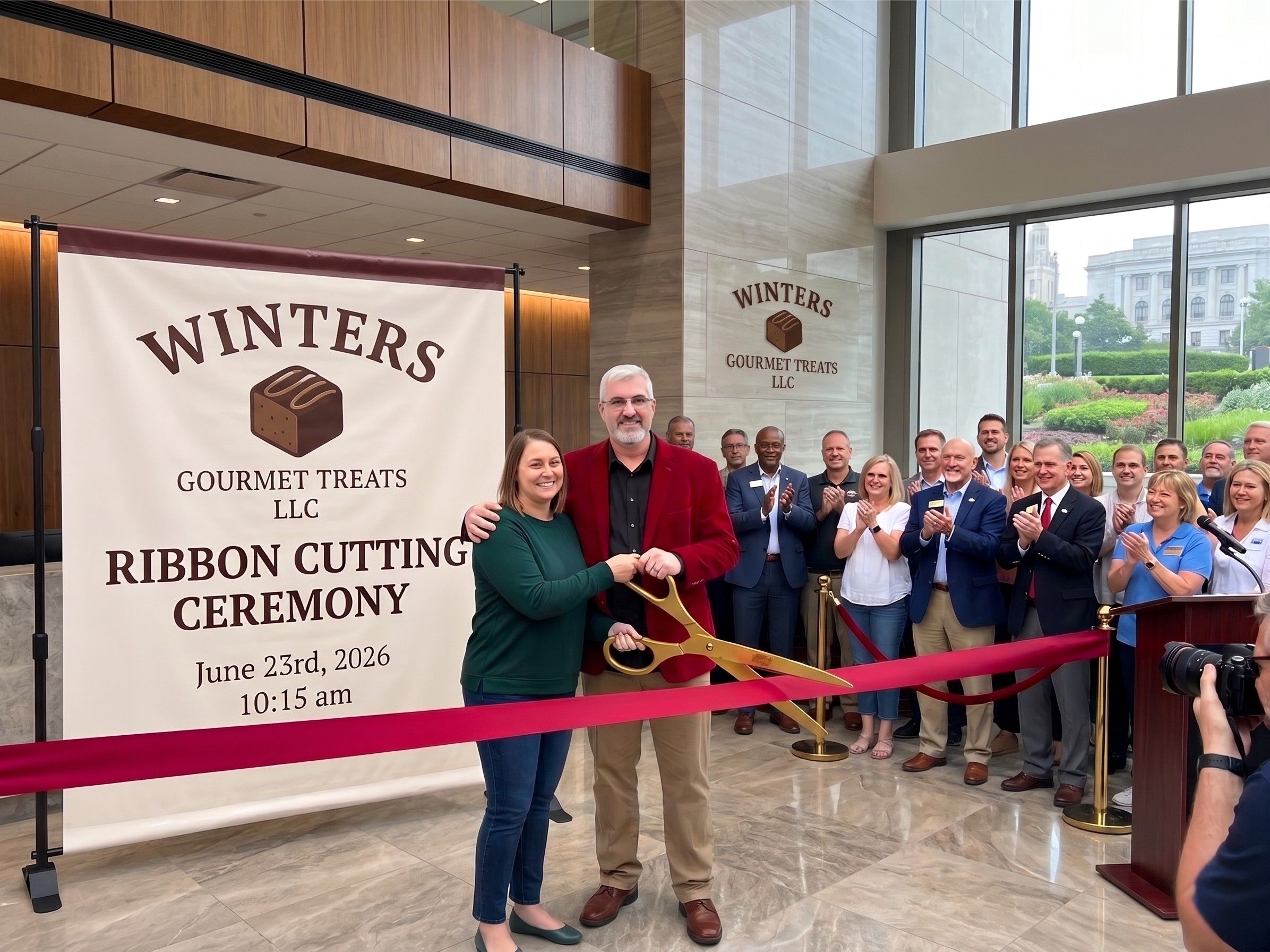 A man and a woman smiling as they cut a red ribbon with large gold ceremonial scissors inside a bright lobby. To their left is a large event banner for the Winters Gourmet Treats LLC Ribbon Cutting Ceremony on June 23rd, 2026, at 10:15 am, hosted at the Paulding County Chamber of Commerce. Behind them, a supportive crowd of attendees stands smiling and clapping