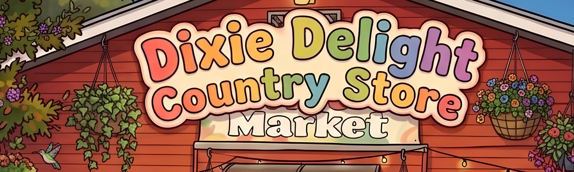 dixie-delight-store Exterior view of a small roadside produce store. A sign in the large front window reads 'FRESH PRODUCE' along with the store's hours. In front of the window are wooden tiered display shelves holding a few items, sitting next to a large cardboard bin labeled 'Watermelons.' To the right is a glass entry door with a smaller sign that says 'Candies NOW OPEN,' and the building number 968 is mounted on the wall next to the door.